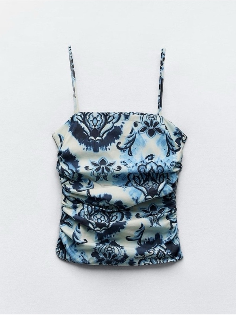 NWT Zara Floral Blue and White Sleeveless Top Gathered Ruched Tank Top XS